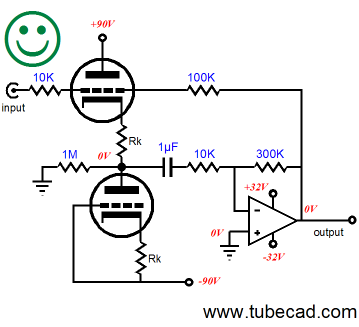 triode atop triode with inverting amplifier receiving its input signal from the connection between the tubes