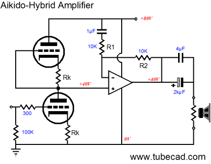 Aikido Hybrid Amplifier with single-rail PS and totem-pole triodes driving the positive input of a SS power amp with its FB loop terminated into the B+, not ground. 