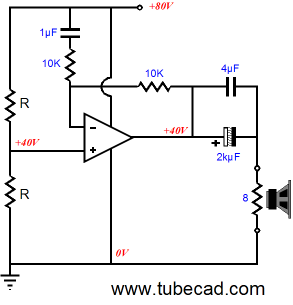 Simplified schematic of Aikido Hybrid Amplifier with single-rail PS and totem-pole triodes driving the positive input of a SS power amp with its FB loop terminated into the B+, not ground. 