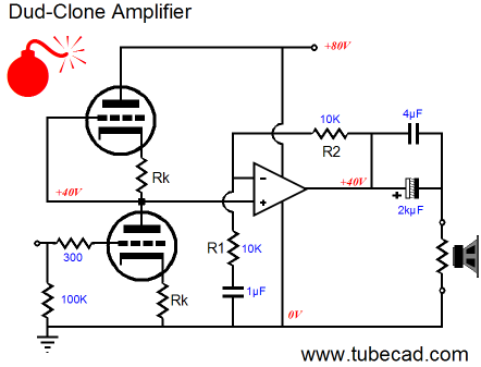 Dud-Clone Hybrid Amplifier with single-rail PS and totem-pole triodes driving the positive input of a SS power amp with its FB loop terminated into ground. 