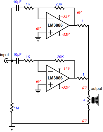 two LM3886s in parallel with each seeing a 0.1-ohm resistor in series with its output