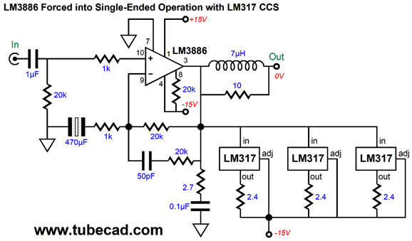 LM3886 Forced into Single-Ended Operation with LM317 CCS